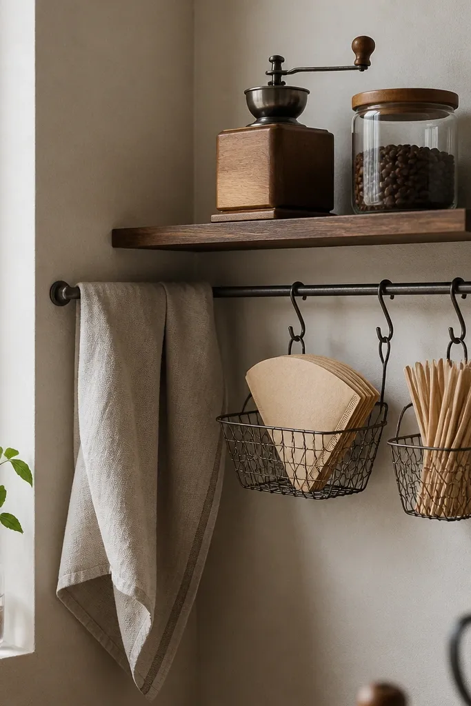 A corner wall has a simple rail with hooks. Two small wire baskets hang from the rail, one holding paper filters, one holding stir sticks. A small wooden shelf above holds a compact coffee grinder and a jar of beans. A linen cloth covers part of the rail area.