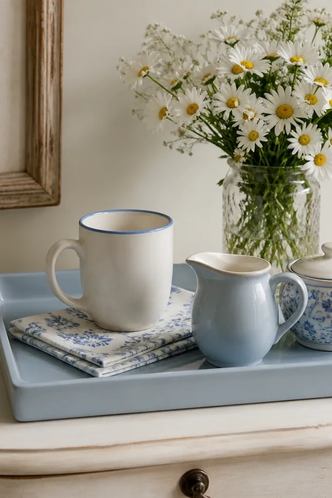 A coffee corner on a small dresser has a pale blue tray. Inside are a white mug with a blue rim, a light blue ceramic creamer, and a sugar bowl. Two blue floral napkins are folded and placed under the mugs. Behind it sits a small vase with white daisies.