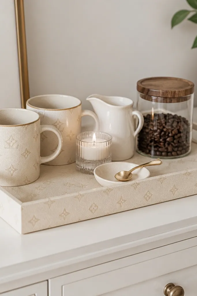 A cream monogram tray sits on a white dresser corner. The tray holds two matching mugs, a small candle in a glass holder, a ceramic creamer, and a jar of coffee beans. A small gold spoon rests in a dish at the front.
