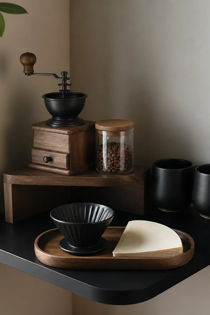A black corner shelf holds a walnut grinder stand. On top sits a manual coffee grinder, a small glass jar of beans, and two matching black cups. A walnut tray at the front holds a pour-over dripper and filter papers.
