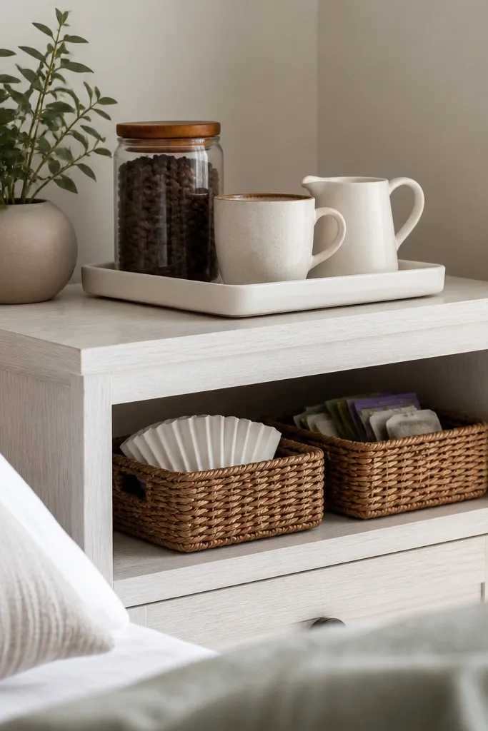 A whitewashed cabinet in the bedroom corner has an open shelf. Inside are woven baskets holding coffee filters and tea bags. A small white tray sits on the top of the cabinet with a jar of coffee beans, a cream mug, and a small pitcher.