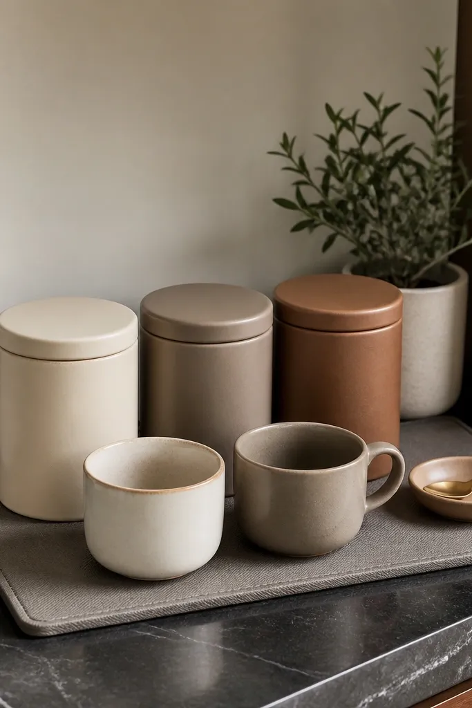 A corner bar setup has a small tray mat in warm gray. On top sits a row of three color-coordinated canisters: cream, taupe, and caramel. Two cups sit in front, and a small spoon dish is at the far right. A tiny plant in a ceramic pot sits behind the canisters.