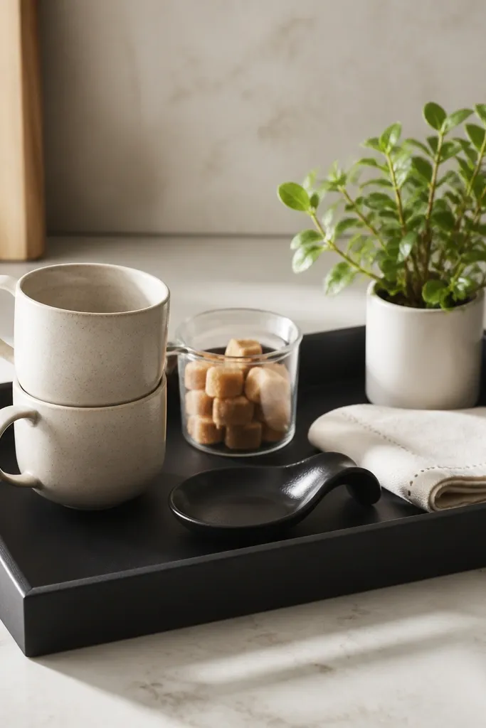 A matte black rectangular tray on a light countertop, holding two stacked cream ceramic mugs, a small glass jar of brown sugar cubes, a black metal spoon rest, and a folded cream linen napkin beside a tiny plant in a white ceramic pot.