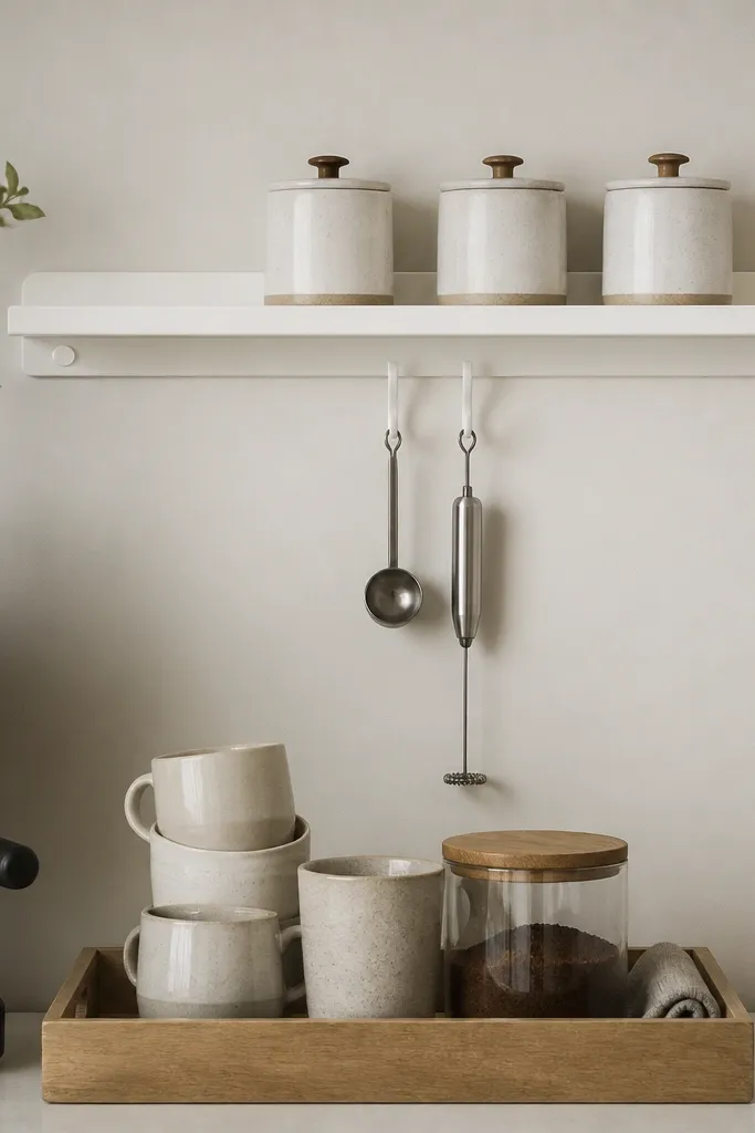 A white wall rail above a coffee corner with two hooks holding a small ladle and a frother, plus three small matching canisters on a narrow shelf; a wooden tray sits below with a stack of cups and a jar.