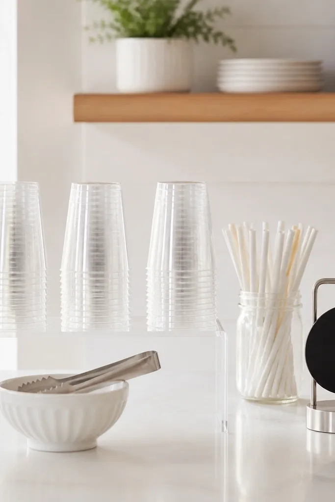 A clear acrylic riser holding three cups, with a small bowl of ice scoop tongs, a clear jar with straws, and a rotating chalkboard tag; the counter is bright white.