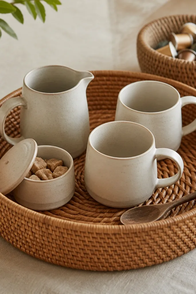 A large rattan tray on a beige linen runner, holding a ceramic creamer pitcher, a small sugar bowl, a wooden spoon, and two mugs; behind it sits a woven basket with coffee pods.