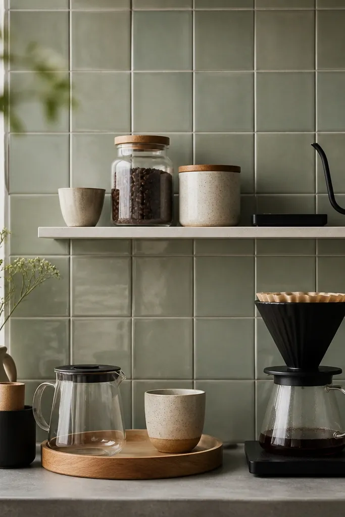 A small grid of sage-green ceramic tiles mounted on the wall behind a coffee setup; a mini shelf holds jars and a small coffee scale, with a tray on the counter.