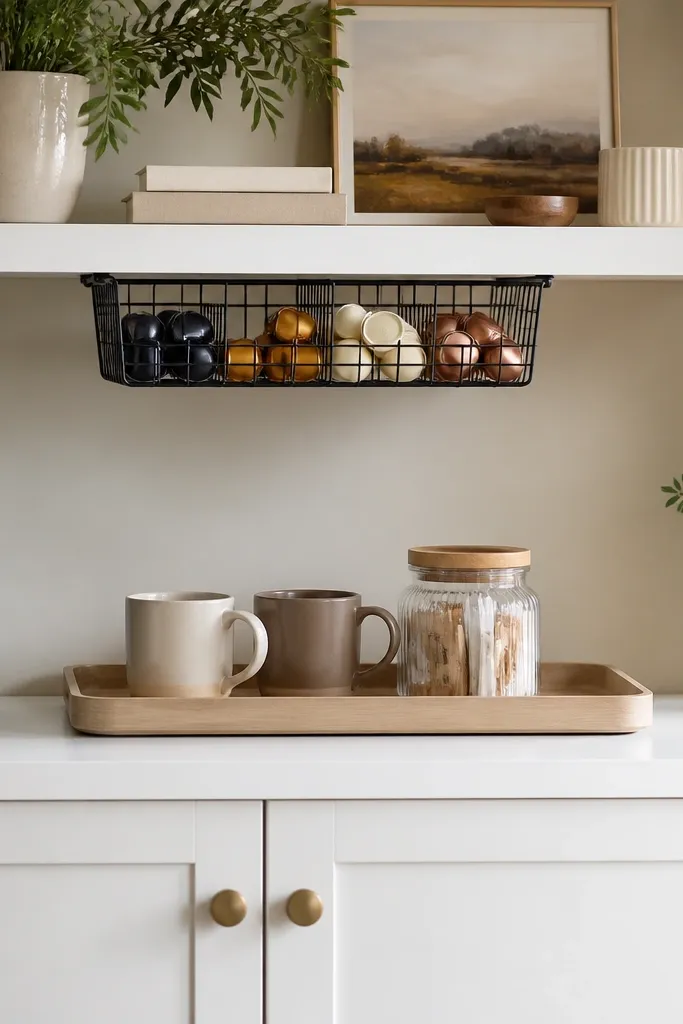 A white cabinet under a shelf with a small wire basket tucked underneath holding sorted coffee pods; a tray on the counter shows two mugs and a jar of sweeteners.