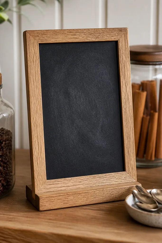 A small oak stand with a chalkboard menu sign, beside a jar of beans and a cup stack; a tiny dish holds spoons and a cinnamon jar sits behind.