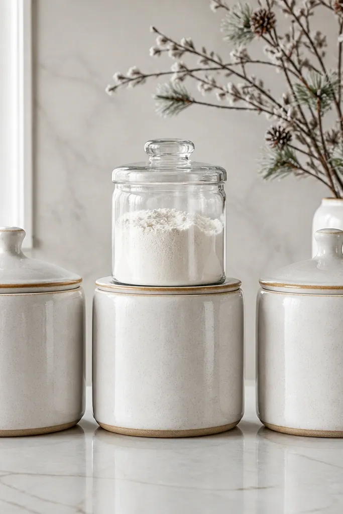 Three matching ceramic canisters lined up on a counter with matching lids; the center canister has a clear window jar on top, and a small winter branch decoration sits behind.
