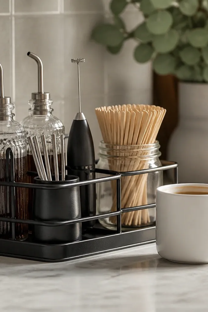 A black metal caddy on a countertop holding two glass sippers, a small straw holder, a mini milk frother, and a jar of coffee stir sticks; a white mug sits beside it.