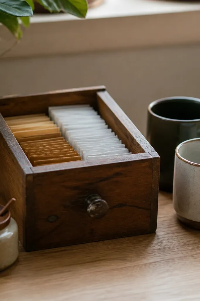 A small vintage wooden drawer repurposed as a coffee packet organizer on the counter; paper packets are neatly stacked inside, with two mugs and a small jar outside.