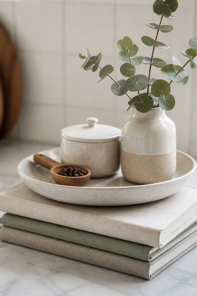 A small stack of hardcover books on the counter with a ceramic tray placed on top; the tray holds a coffee scoop, a sugar bowl, and a mini vase with eucalyptus.