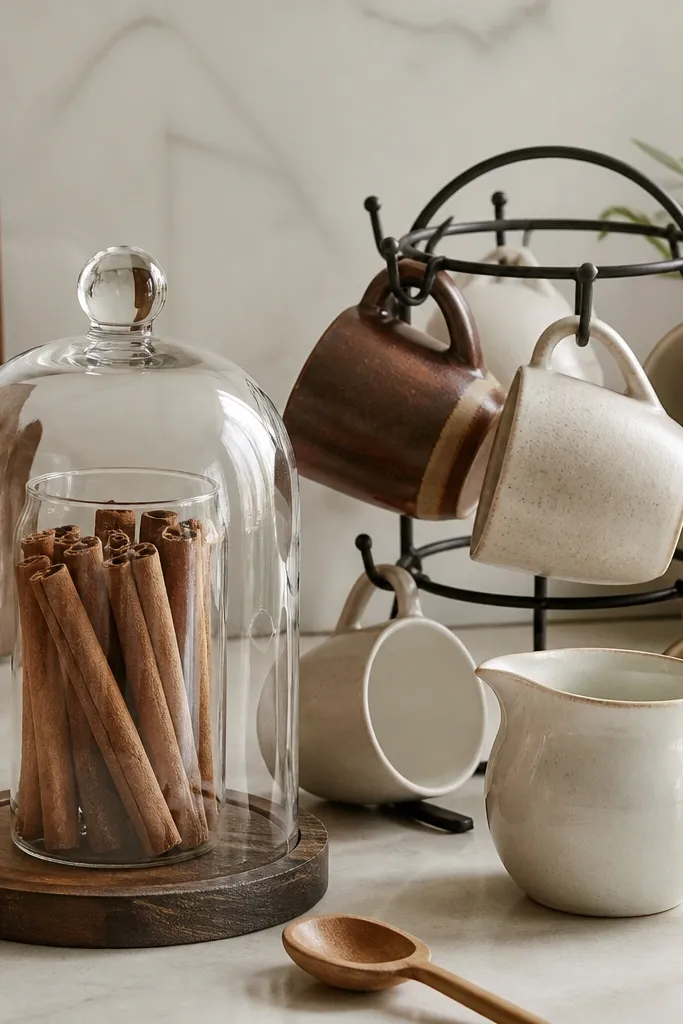 A clear glass cloche on the counter covering a jar of cinnamon sticks; next to it a mug ring holds multiple mugs, with a small wooden spoon and a cream pitcher in view.