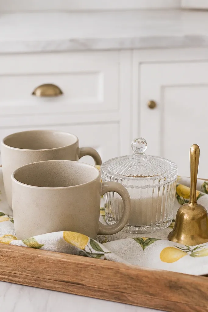 A tray lined with a lemon-print cloth, holding neutral beige mugs, a glass sugar jar, and a small brass bell or spoon holder; background is white cabinetry.