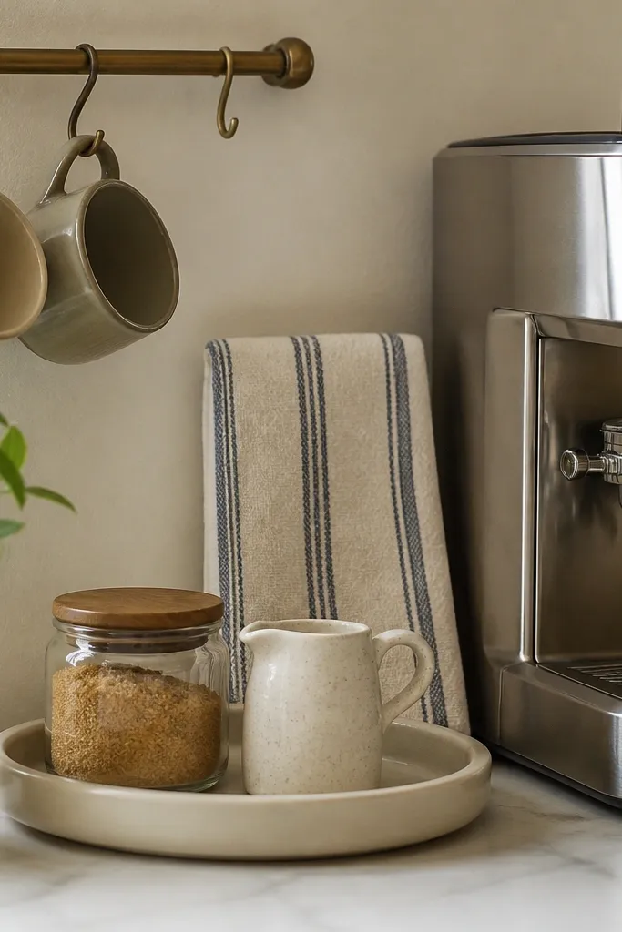 A neatly folded tea towel standing behind a coffee machine on a countertop, with a small wall cup rail holding mugs above; a tray below has a jar and a small pitcher.