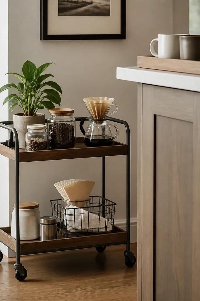 A small bar cart with two shelves on wheels parked beside a counter; a landing tray sits on the counter with mugs, while the cart holds jars, filters, and a small plant.