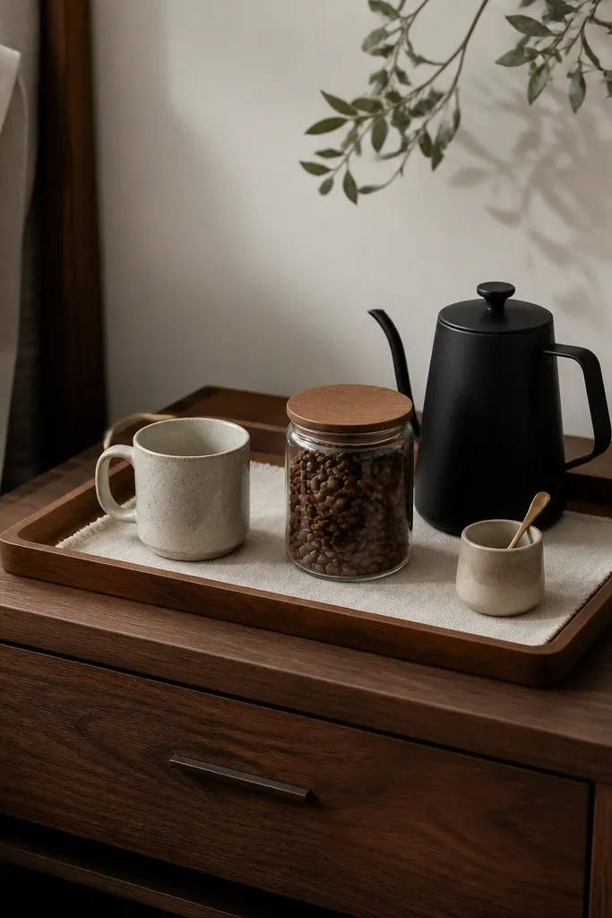 A bedroom nightstand with a shallow wooden tray centered on top. A cream linen runner sits under a small ceramic mug and a glass jar of coffee. A compact black kettle is placed at the back-right, and a small brass spoon rests in a cup holder.