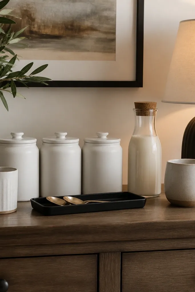 A dresser top styled as a coffee bar. Three matching matte white ceramic canisters sit in a row, each with a label. Two mugs flank a tall glass bottle of creamer, and a black metal tray holds spoons. A small table lamp glows beside the setup.