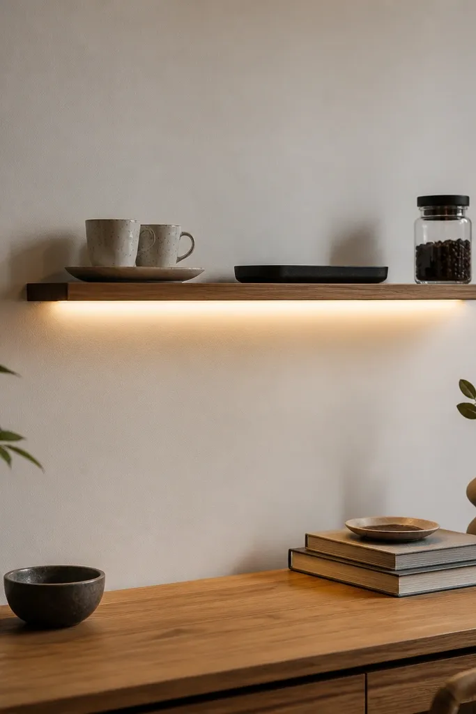 A narrow floating shelf above a desk or dresser. On the shelf are two small ceramic mugs on a saucer, a slim black tray, a small jar for coffee, and a tiny wall-mounted LED light strip glowing warm white.