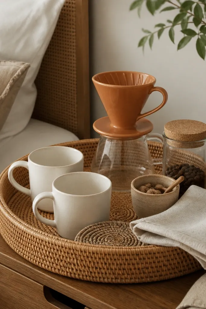 A rattan tray on a bedside table with two white mugs. A terracotta-colored ceramic pour-over dripper sits near the back. There's a small woven coaster, a jar with a cork lid, and a linen napkin folded beside the sugar bowl.