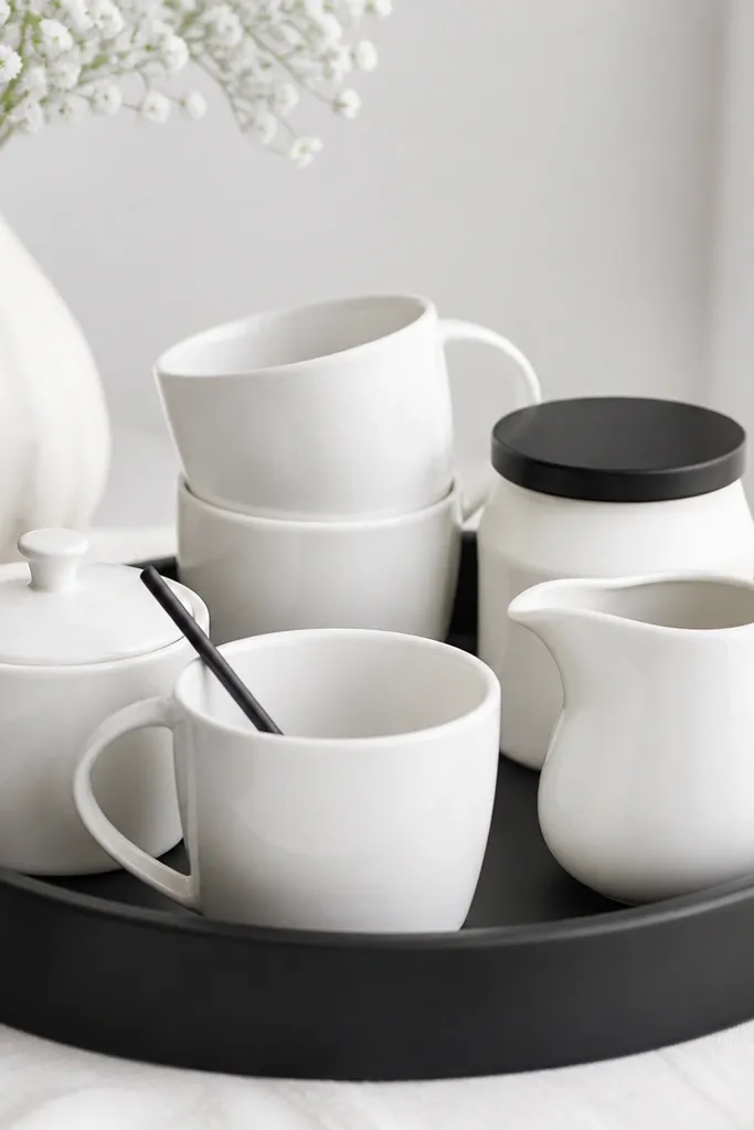 An all-white coffee setup on a black tray: white mugs, a white ceramic creamer pitcher, a white sugar bowl, and a small white canister with a black lid. A single black spoon rests in a white cup.