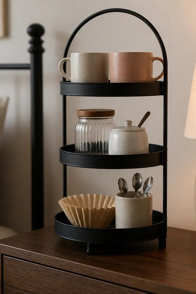 A black metal tiered stand on a bedroom dresser. The top tier holds two mugs, the middle tier holds a clear jar and a small sugar container, and the bottom tier holds a stack of filters and a spoon holder. A warm lamp sits beside it.