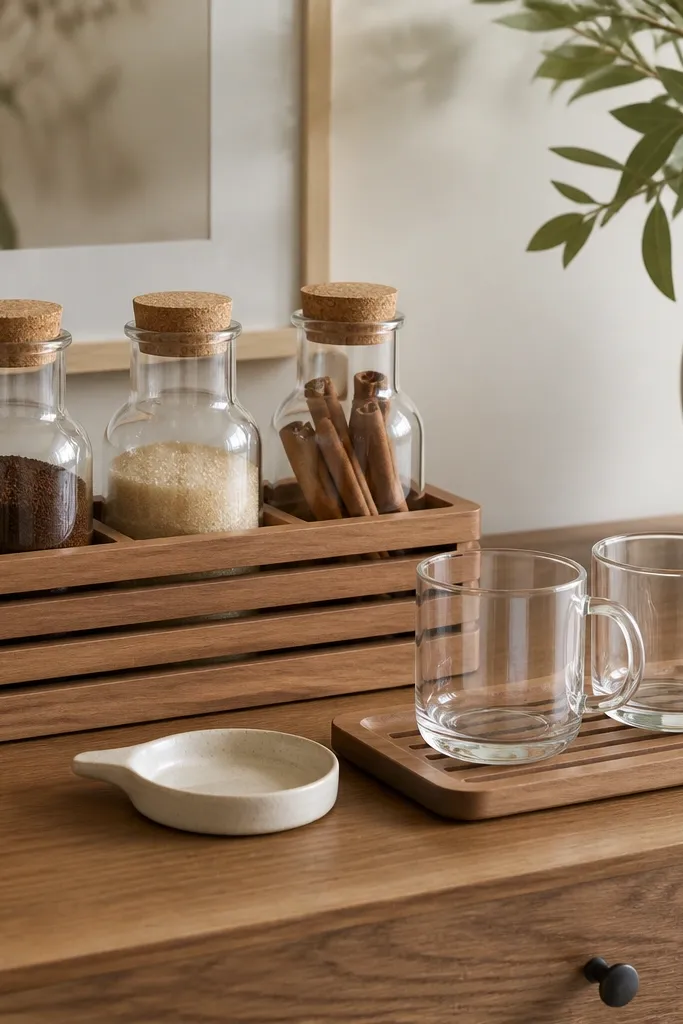 A wood slat organizer on a dresser with three glass bottles. One bottle holds coffee grounds, one holds sugar, and one holds cinnamon sticks. Two clear mugs sit on a small matching wooden tray, with a small ceramic spoon rest.