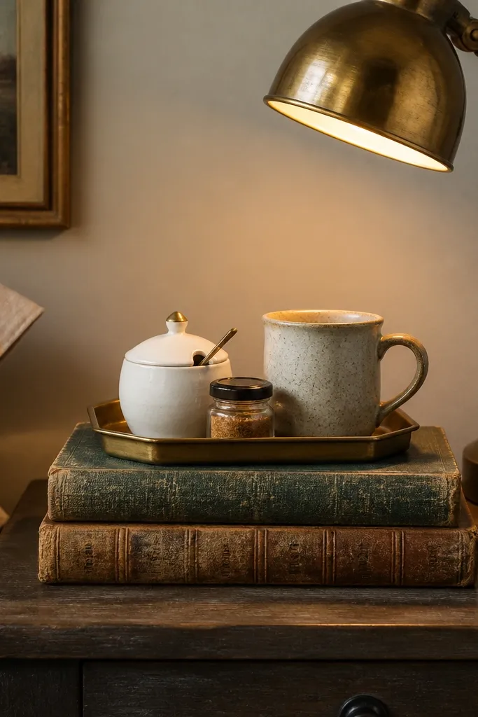 A stack of two vintage hardcover books used as a riser on a nightstand. On top sits a small tray with a mug, a sugar bowl, and a tiny jar. A small brass desk lamp points down, creating warm light on the tray.