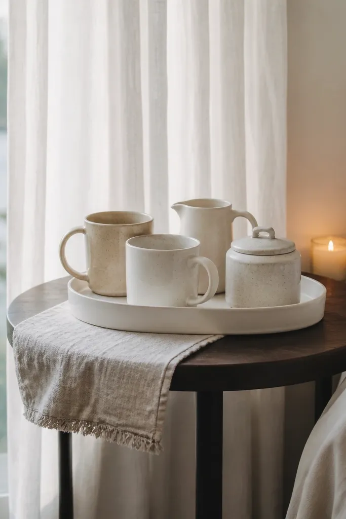 A tiny round side table near a bedroom window. A small white tray holds two mugs, a creamer pitcher, and a jar. A linen runner drapes slightly over the edge of the table. A sheer curtain hangs behind and a small candle sits near the wall.