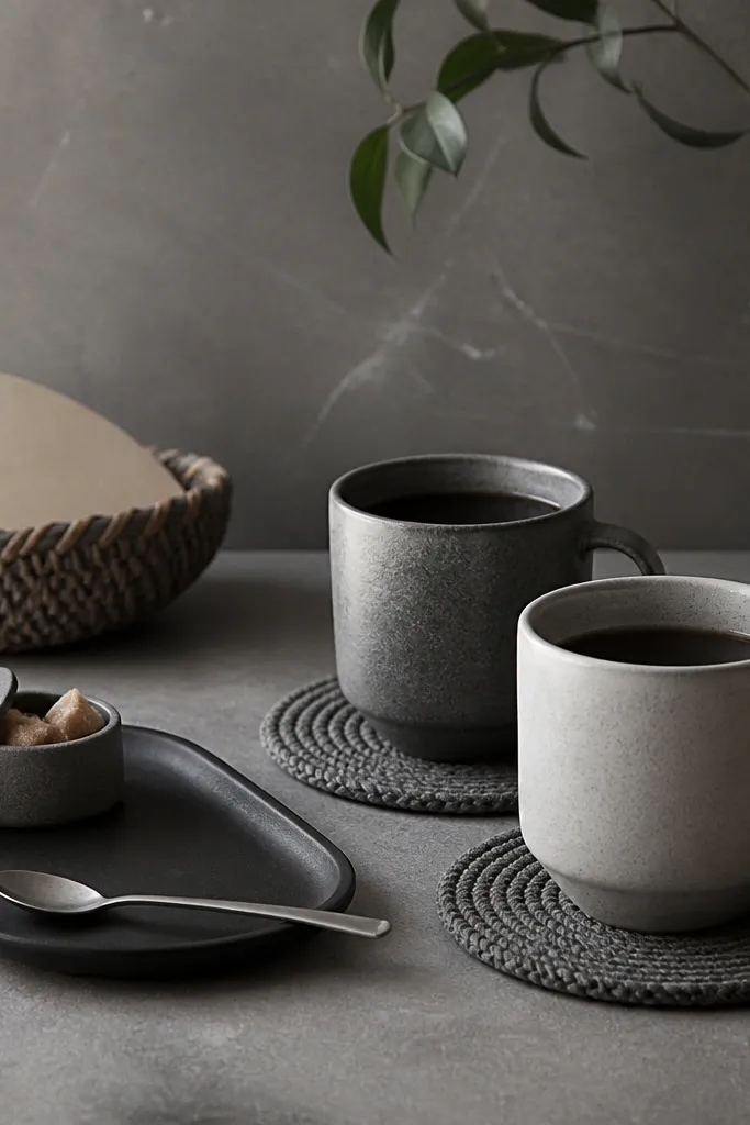 A gray coffee corner with two stoneware mugs in light and dark gray. A matte black mini tray holds a spoon and a small sugar bowl. The surface has a textured gray coaster set under the mugs and a small woven basket with filters.
