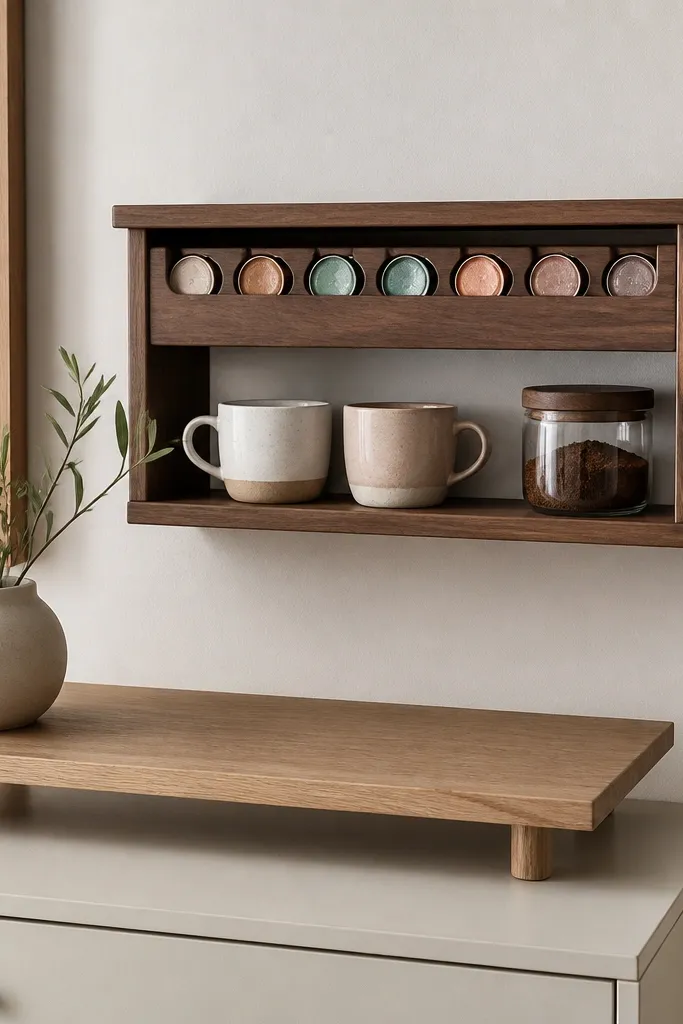 A small wall shelf above a dresser with a riser. A slim drawer organizer on the shelf holds coffee pods labeled. Two mugs sit on the top surface, and a small jar of grounds sits on the lower shelf.
