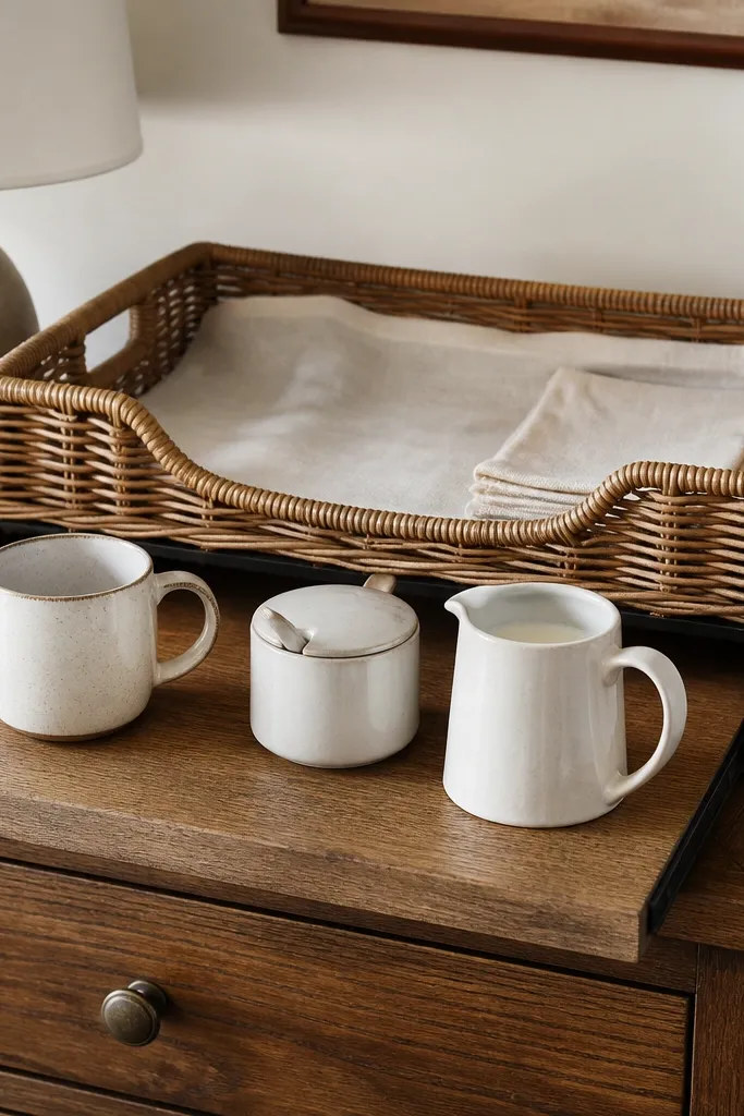 A wicker basket on a dresser with a pull-out tray. The tray holds a mug, a small jar, and a creamer pitcher. The basket has a folded cloth inside for spills and a small stack of napkins.