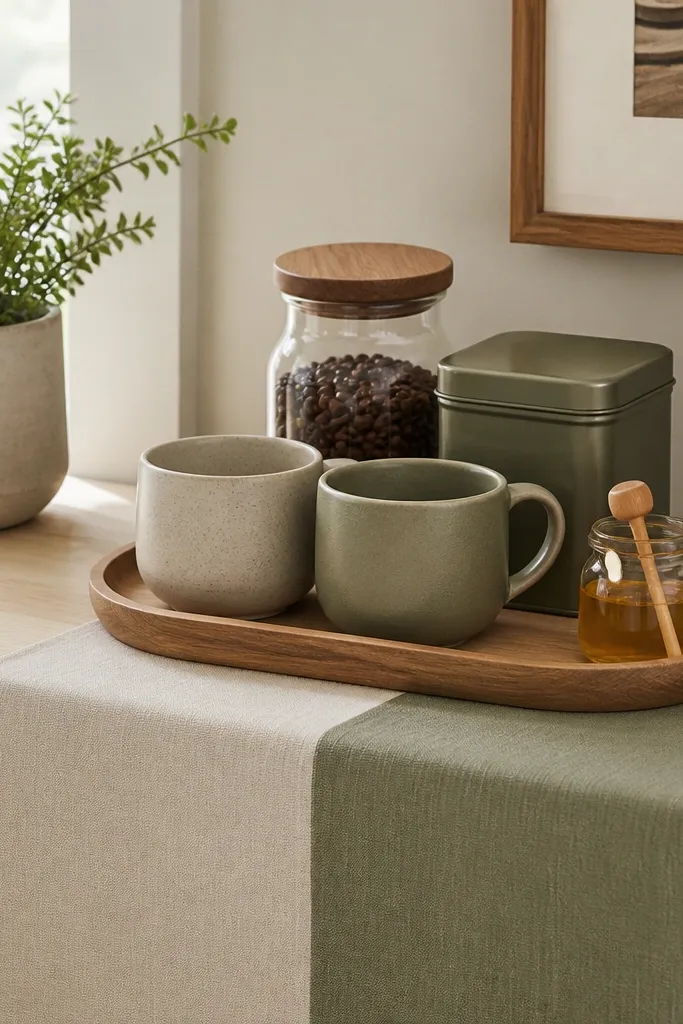 A coffee corner with both coffee and tea. A two-tone linen runner in oatmeal and sage runs under a tray. There are two mugs, a small jar for coffee, a tin for tea bags, and a mini honey jar. A small plant sits near the edge.