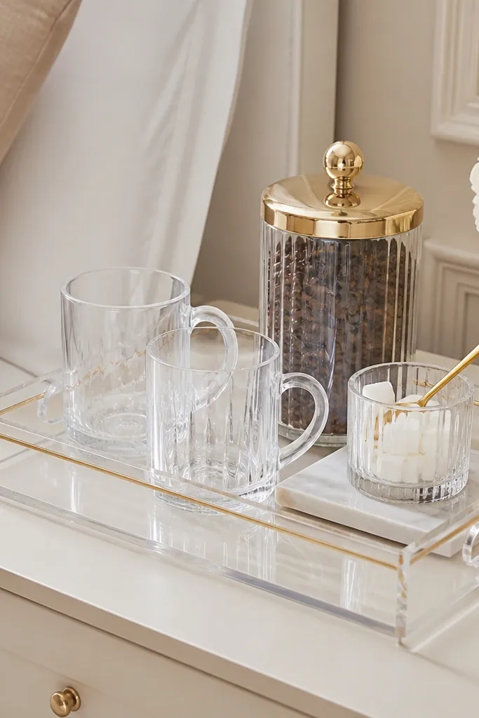 A clear acrylic tray on a nightstand with gold line accents. Two clear glass mugs sit on top. A gold-lidded canister holds coffee, a small gold spoon rests in a glass cup, and a tiny marble coaster appears under the sugar bowl.
