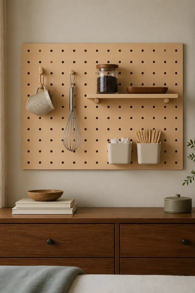 A pegboard on the bedroom wall behind a dresser. Small hooks hold a mug and a whisk. A narrow shelf holds a coffee jar and a small tray. There are labels on tiny bins for sugar and stir sticks.
