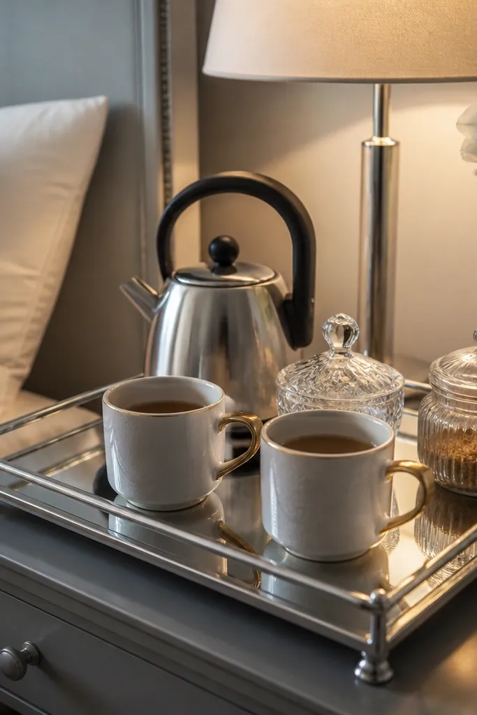 A mirrored tray on a bedside table with two mugs. The tray reflects the lamp light. A small crystal-like sugar bowl sits next to a glass jar, and a compact metal kettle is placed at the back.