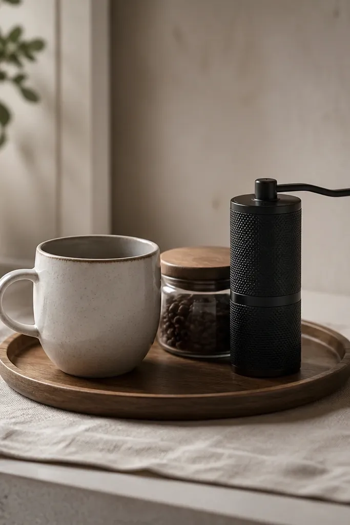 A minimal coffee corner: one ceramic mug on a small round tray, a single small jar, and a compact hand grinder. A neutral linen cloth covers the area under the tray. No extra sugar packets are visible.