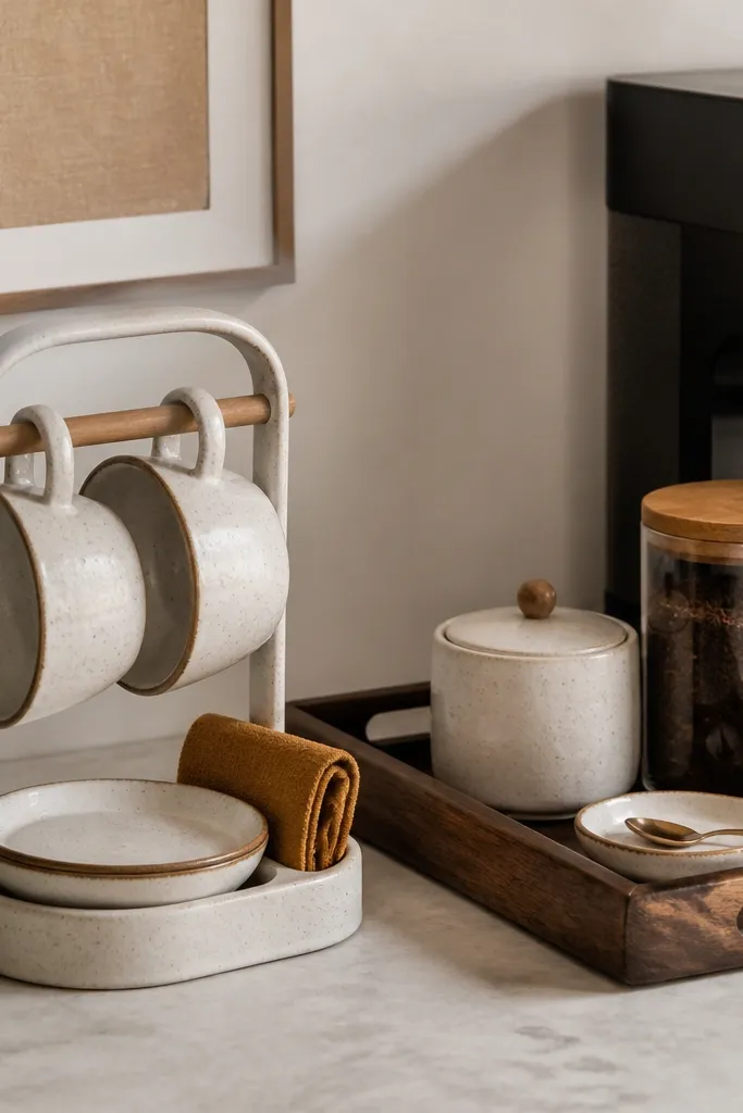 A coffee corner featuring a ceramic cup holder with built-in saucer and a folded napkin tucked beside it. A tray holds a small sugar bowl, a jar of coffee, and a spoon rest. The napkin matches the bed throw color.