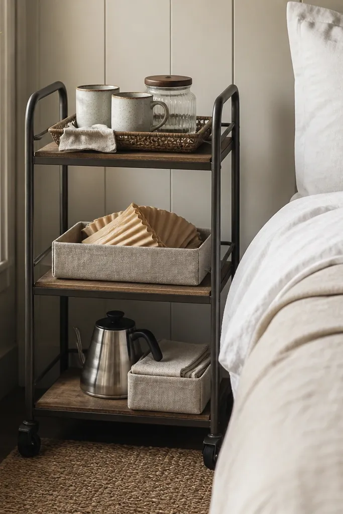 A small rolling cart beside the bed. The top shelf holds a tray with mugs and a jar. The middle shelf has a linen-lined bin for filters. The bottom shelf holds a kettle and extra napkins wrapped in linen.