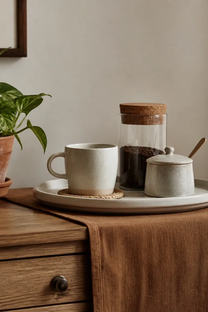 A coffee corner on a dresser with a small terracotta pot plant. A tray holds a ceramic mug, a coffee jar with a cork lid, and a small stoneware sugar bowl. A warm brown linen runner wraps under the tray. A small straw coaster sits under the mug.