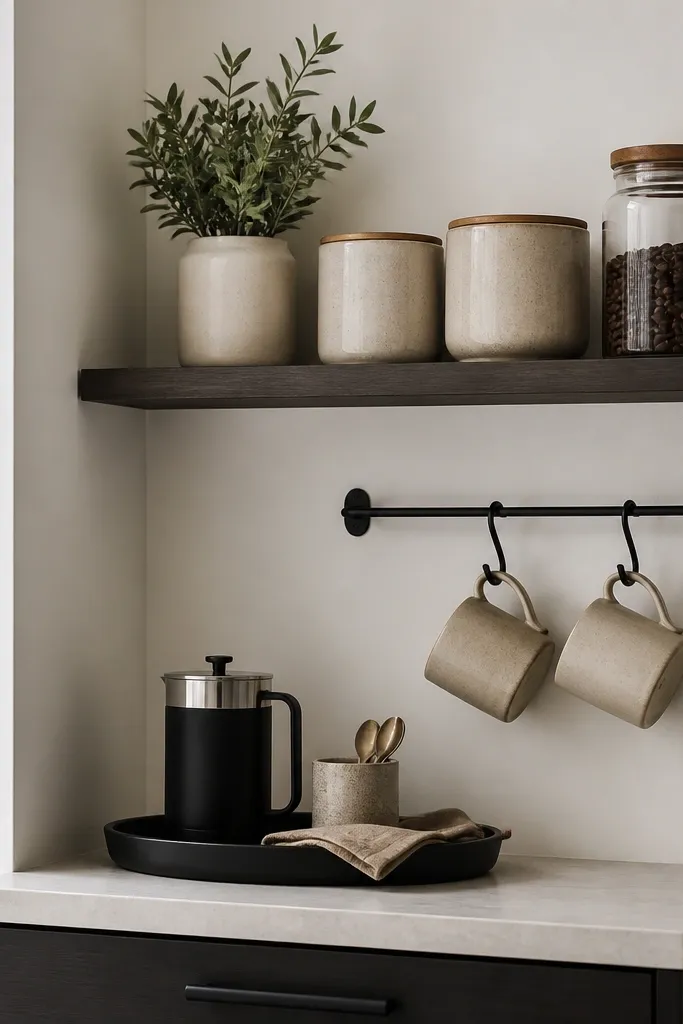 A narrow kitchen corner with a white wall. A long floating shelf sits above a small counter. Matte black rail hooks hold two mugs. Two matching ceramic canisters and a glass jar of coffee beans sit on the shelf. A black tray with a small milk frother and spoons sits on the counter.