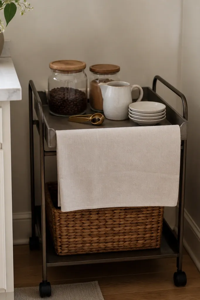A small rolling cart tucked into a kitchen corner. The cart has two tiers: a top tray with a brass-toned coffee scoop, and a lower shelf holding a woven rattan basket. On top are two glass jars, a white ceramic creamer, and a stack of saucers. A linen runner covers the cart's front edge.