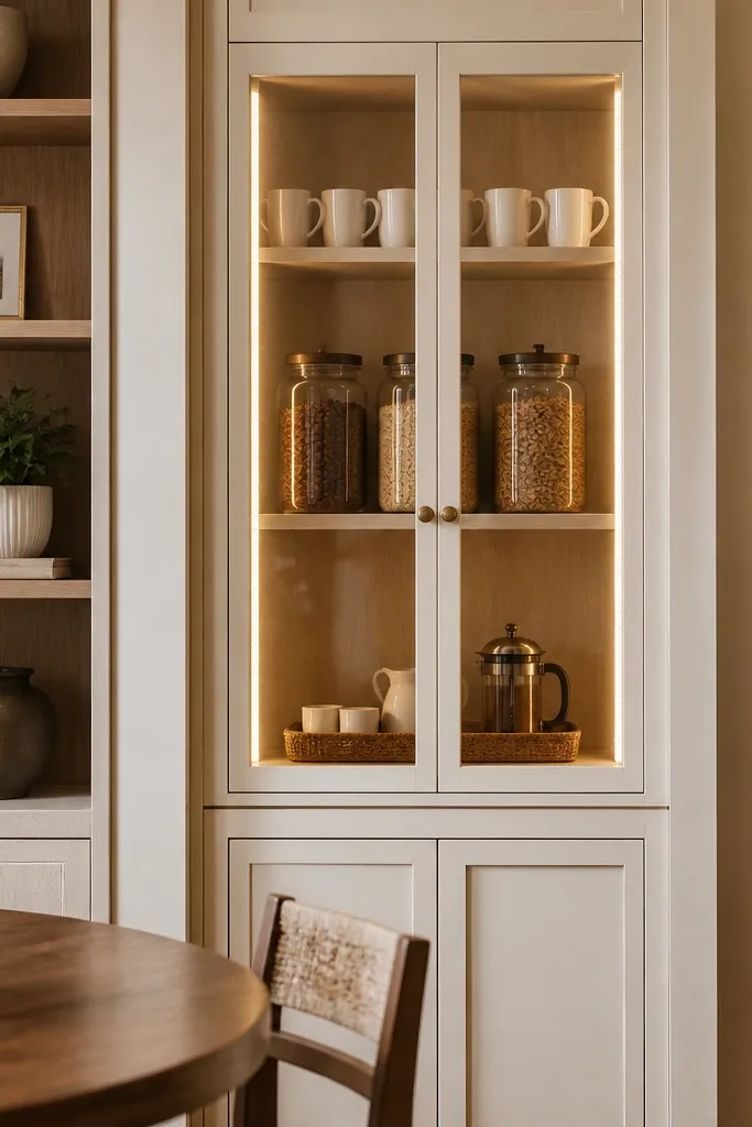 A built-in bookshelf niche in a dining area. The coffee corner sits inside a cabinet with clear glass doors. Inside are white mugs on the top shelf, labeled canisters in the middle, and a small tray on the bottom shelf. A warm LED strip light glows along the inside edge.
