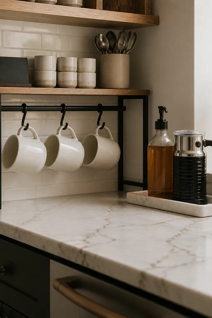 A narrow galley kitchen counter. An over-the-counter organizer spans the corner, holding small cups, a utensil holder for spoons, and three hooks for mug handles. A small white tray sits at the counter edge with a pump bottle of syrup and a milk frother. A single chalk label sits on the organizer.