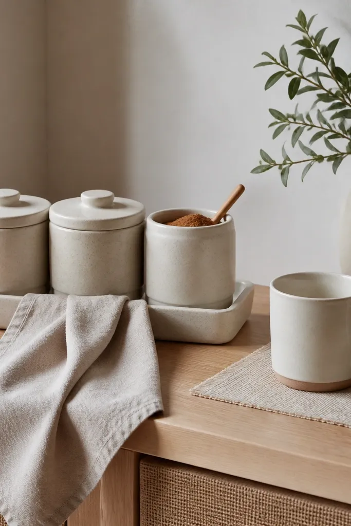 A light wood counter corner. Three matching stoneware canisters sit on a rectangular tray. A linen napkin hangs over the tray front edge like a gentle drape. A small wooden spoon rests in a jar of cinnamon. Two cream mugs sit on a small mat.