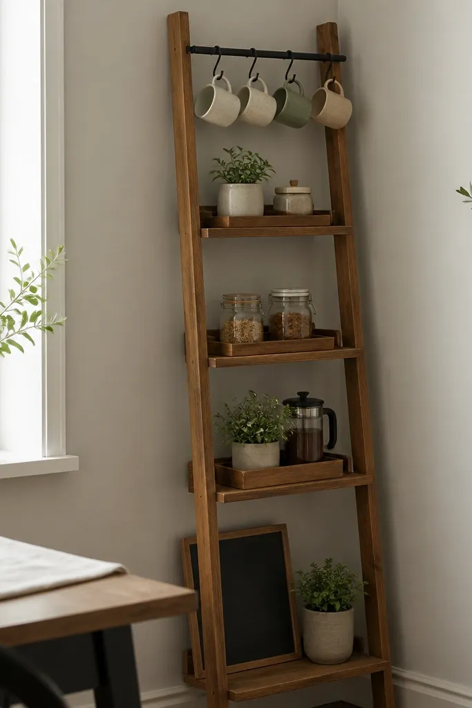 A slim wooden ladder shelf in a corner. Each rung holds a small tray or jar. A set of mug clips hangs from the top rung, holding four mugs in a neat line. A small chalkboard sign leans against the shelf base.