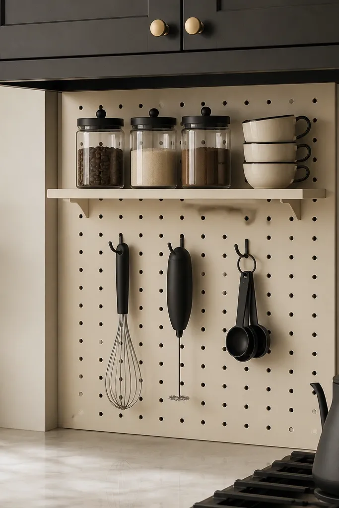 A kitchen wall with a pegboard panel under a cabinet. Small hooks hold a whisk, a milk frother, and a set of measuring spoons. A small shelf above holds labeled jars and a short stack of cups. Everything is color-coordinated in black and cream.