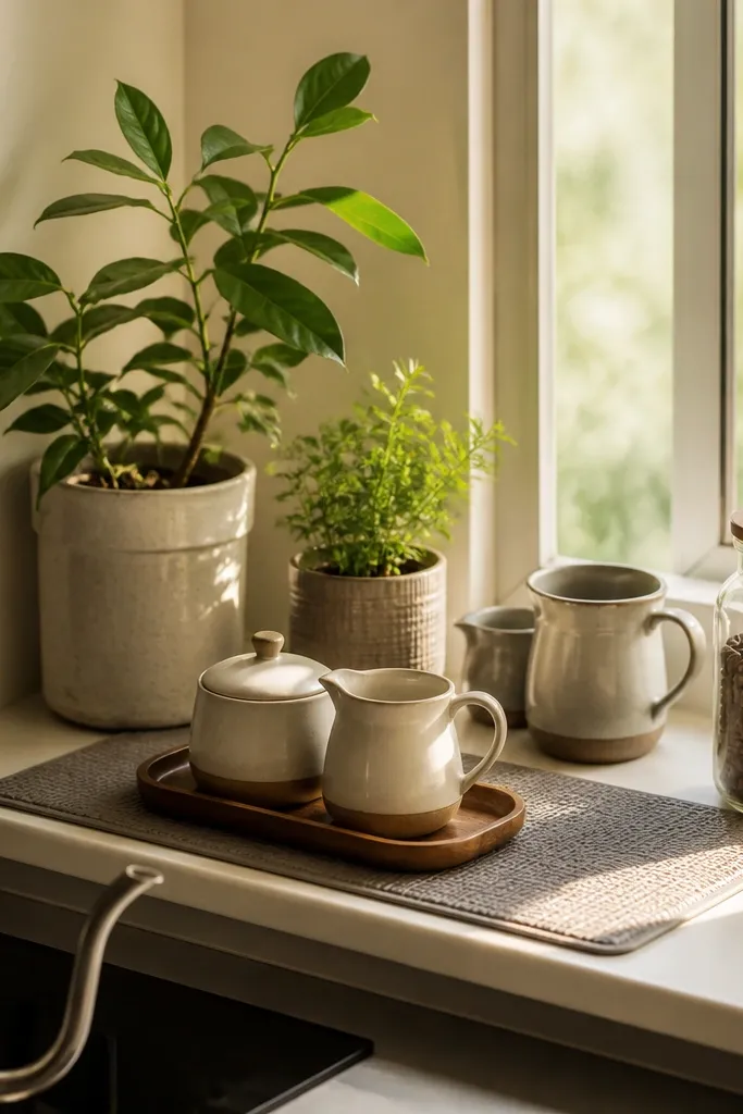 A window sill in a kitchen corner. A heat-safe mat covers part of the sill with a small tray on top. There are two planters beside the tray, and a ceramic mug set sits near the window. Sunlight highlights a glass jar of coffee beans.