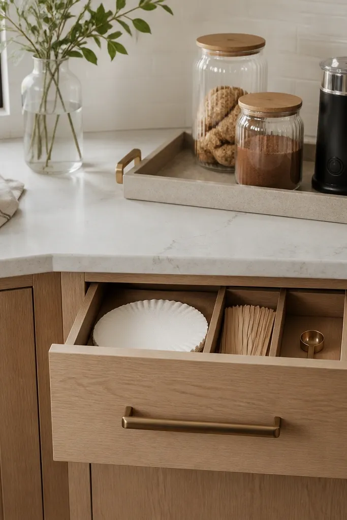 A kitchen corner counter with a cabinet door and a drawer below. The drawer has a custom insert with compartments for filters, stir sticks, and a small scoop. Above, a tray sits on the counter with jars and a milk frother.